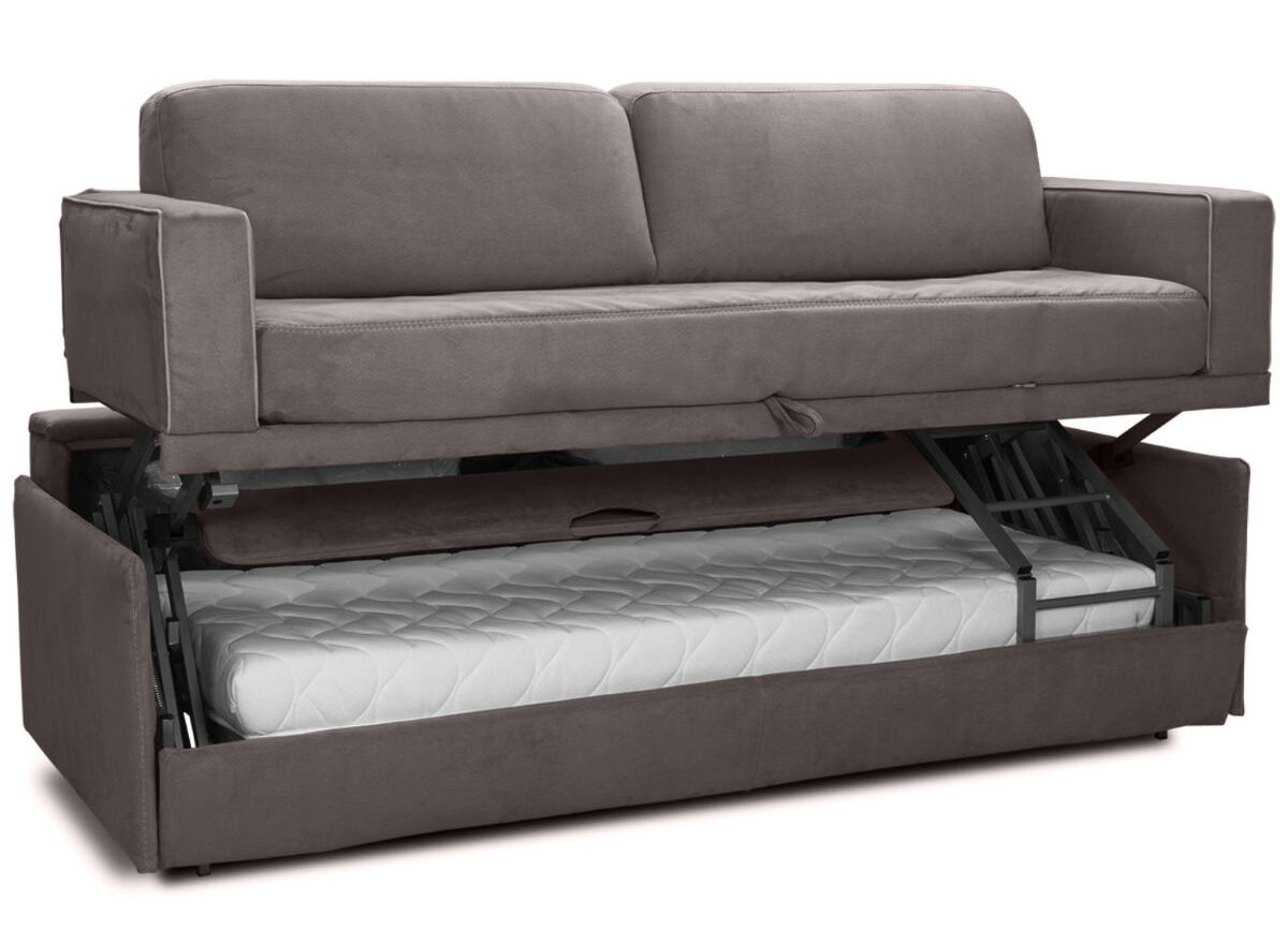 Dormire V2 sofa partially raised to reveal its lifting frame and lower mattress