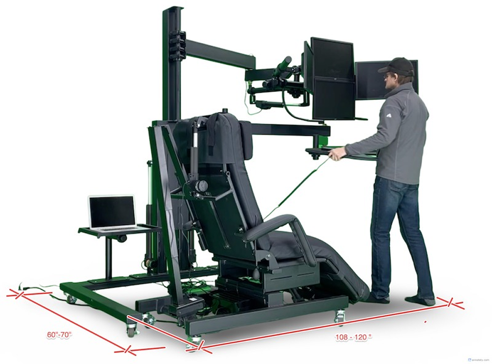 Dimension diagram showing the footprint of an ErgoQuest Zero Gravity Workstation with a chair