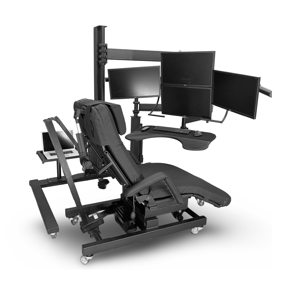 ErgoQuest workstation configured with three monitors above a reclining chair
