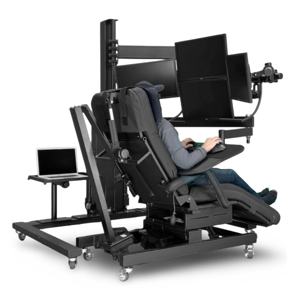 Side view of a user reclining inside an ErgoQuest Zero Gravity Workstation 2c