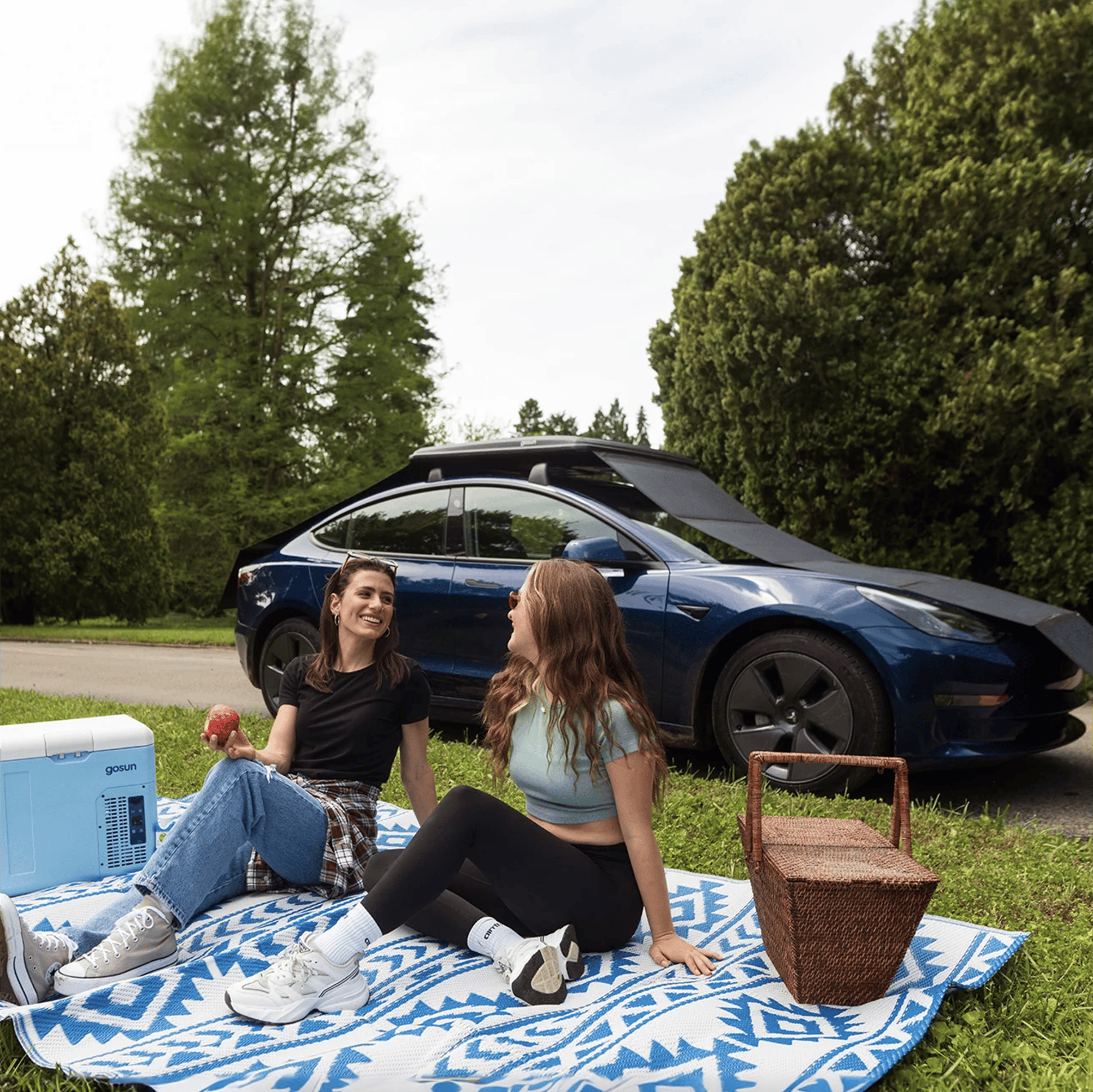 Electric car charging beneath unfolded GoSun solar panels beside a picnic setup