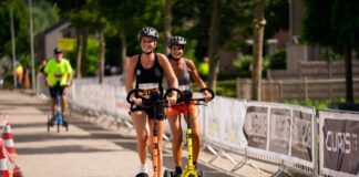Riders using orange and yellow Me-Mover Speed Ultra outdoor fitness machines