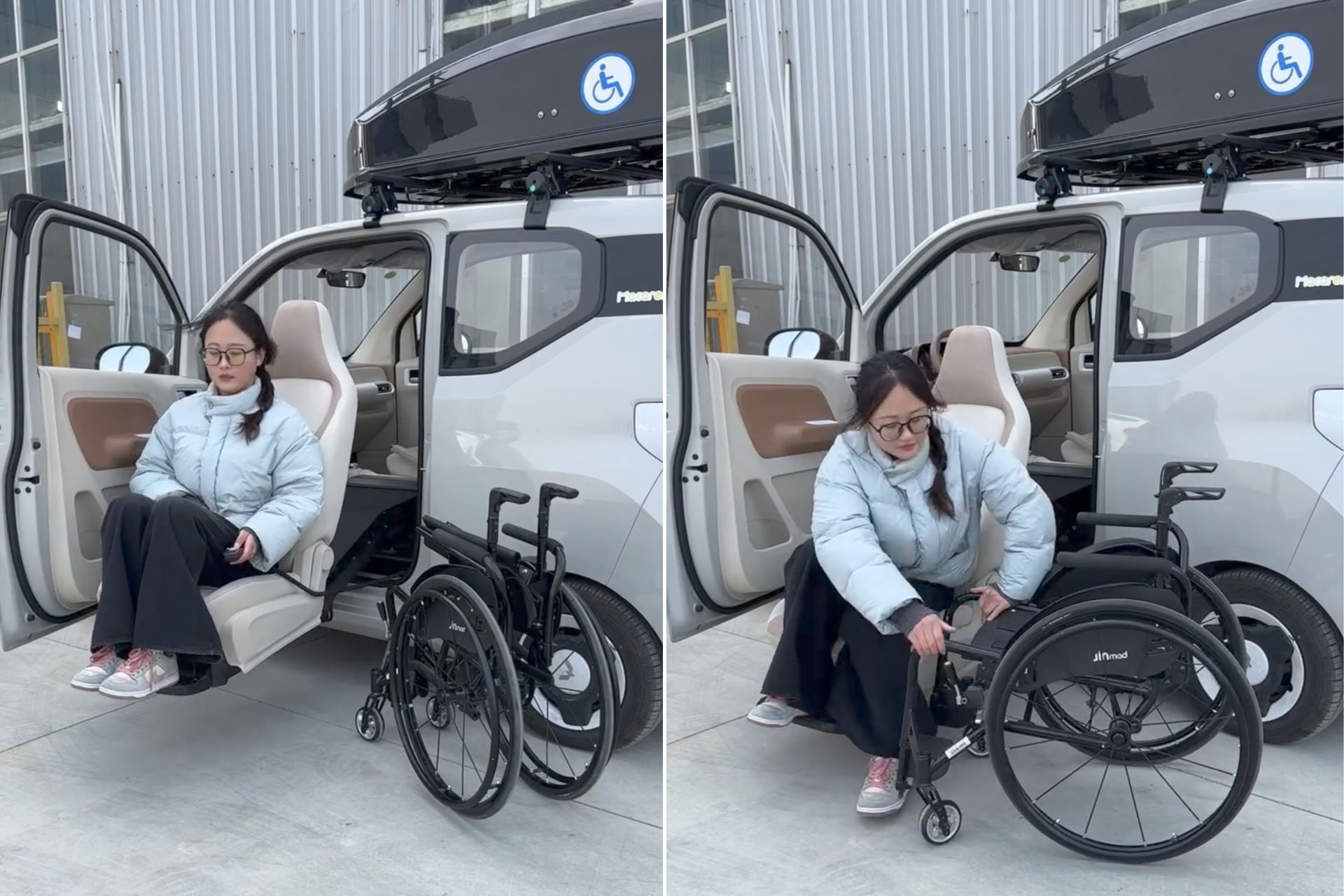 Woman transferring from a powered vehicle seat into a wheelchair beneath a roof-mounted wheelchair carrier