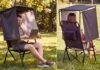 NomaPod portable outdoor workstation with an integrated chair, laptop desk, overhead canopy and side shade panels