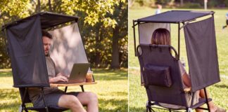 NomaPod portable outdoor workstation with an integrated chair, laptop desk, overhead canopy and side shade panels