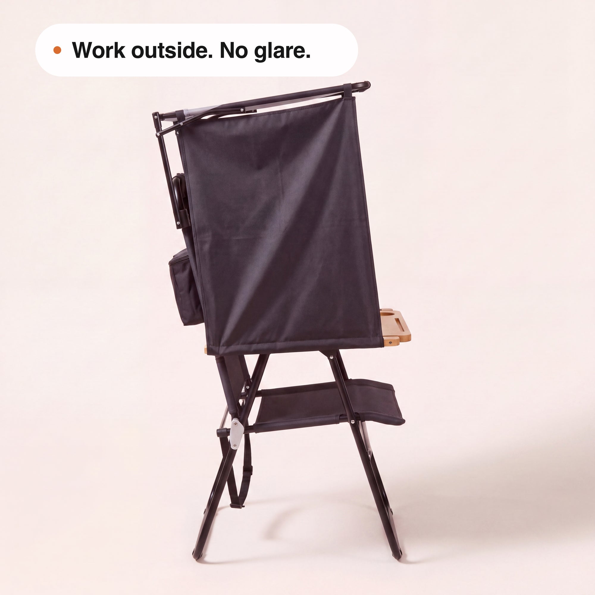 Side view of NomaPod showing the overhead canopy and adjustable fabric shade panel