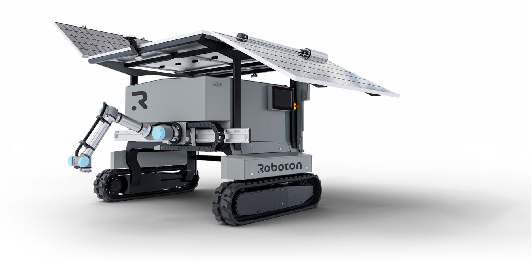 Roboton Farmer tracked robot with four adjustable solar panels above its body