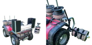 Two views of the Sheep School three-reel electric-fencing system mounted on an ATV