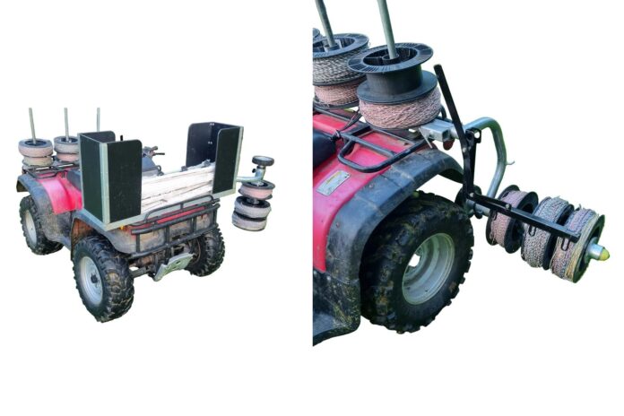 Two views of the Sheep School three-reel electric-fencing system mounted on an ATV