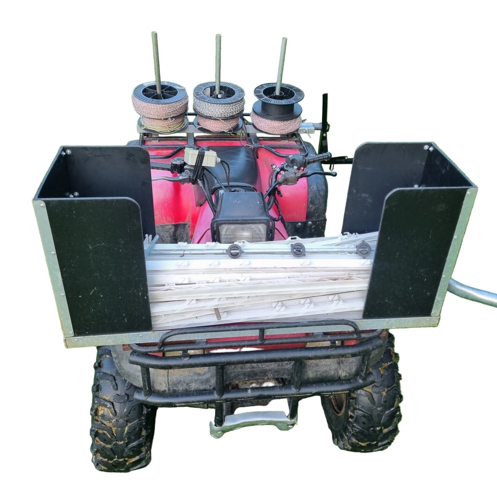 Large Sheep School ATV storage box loaded with temporary electric-fence poly posts
