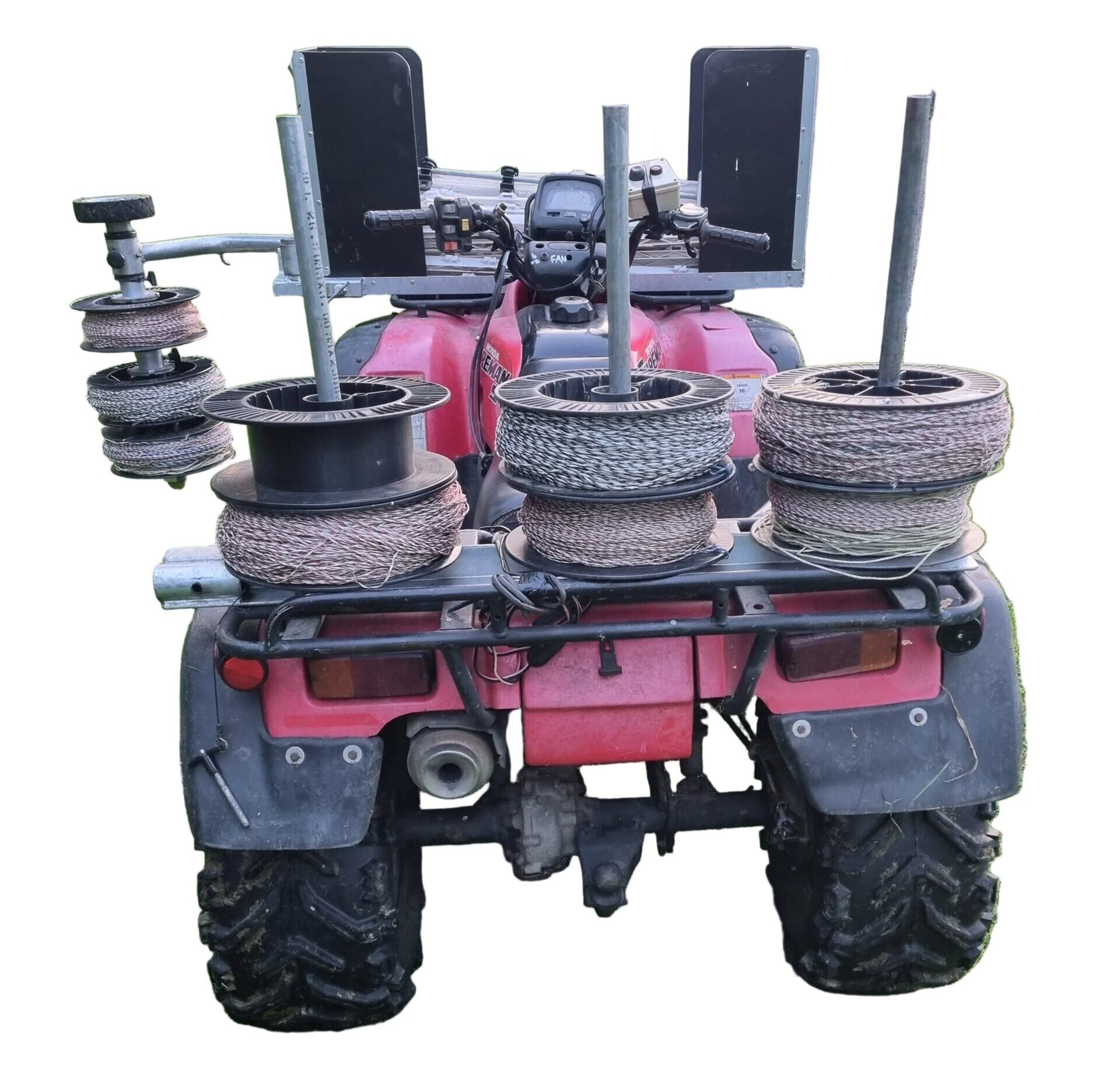 Rear view of three electric-fence reels mounted across the Sheep School ATV winder