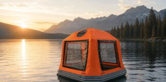 Two views of the orange Sönmez Floating Tent floating near shore on calm water