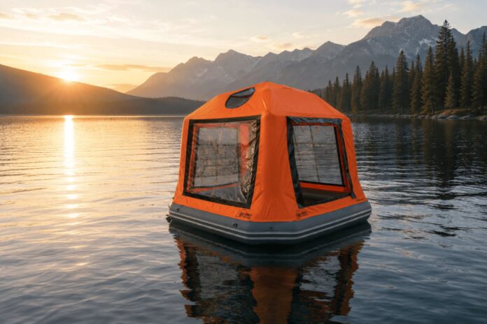 Two views of the orange Sönmez Floating Tent floating near shore on calm water