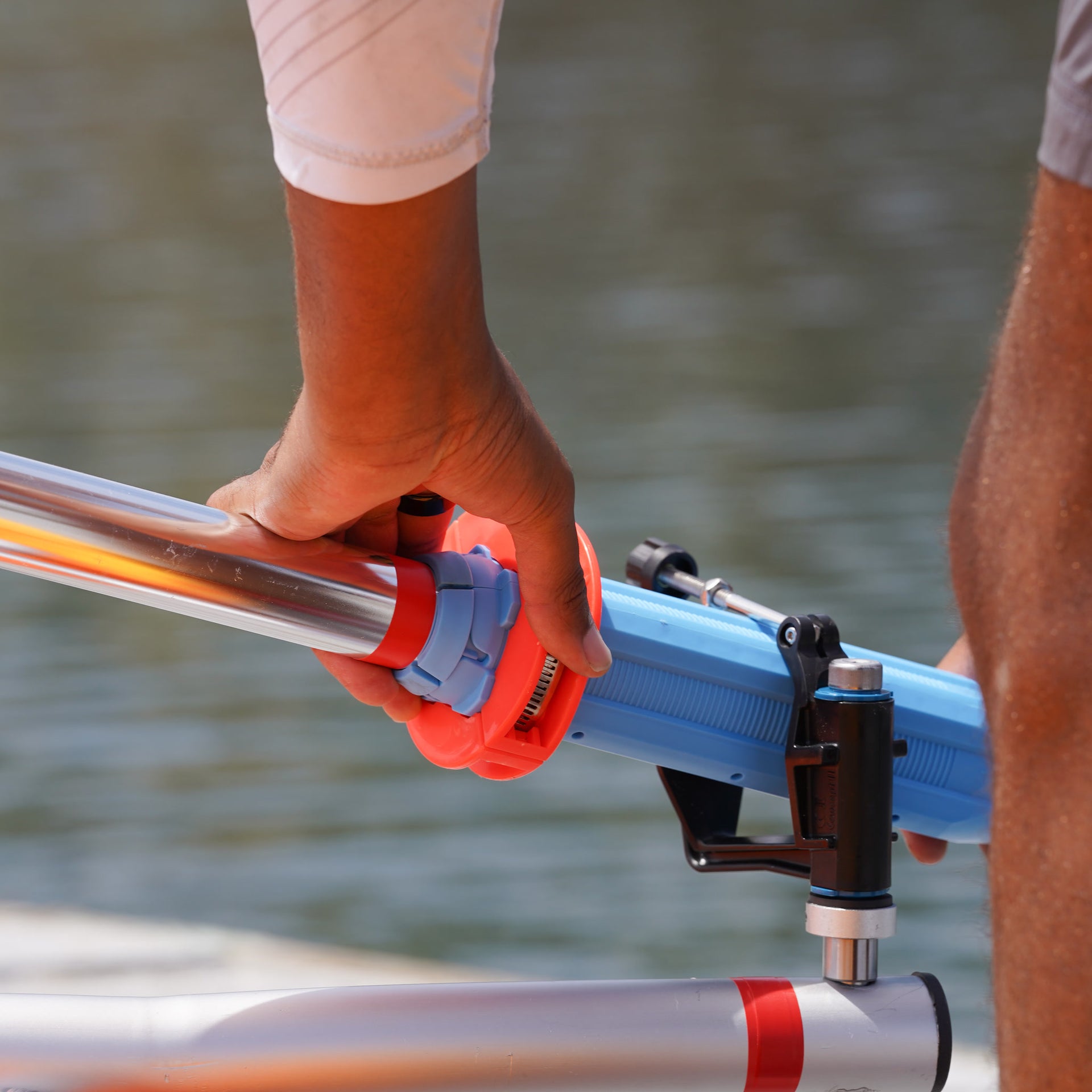 Close-up of the RowYak oarlock and rowing system mounting hardware