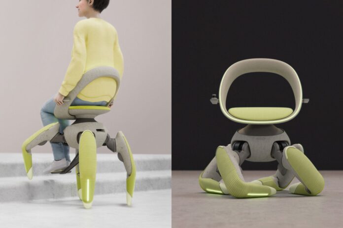 Toyota walk me robotic mobility chair carrying a user up steps