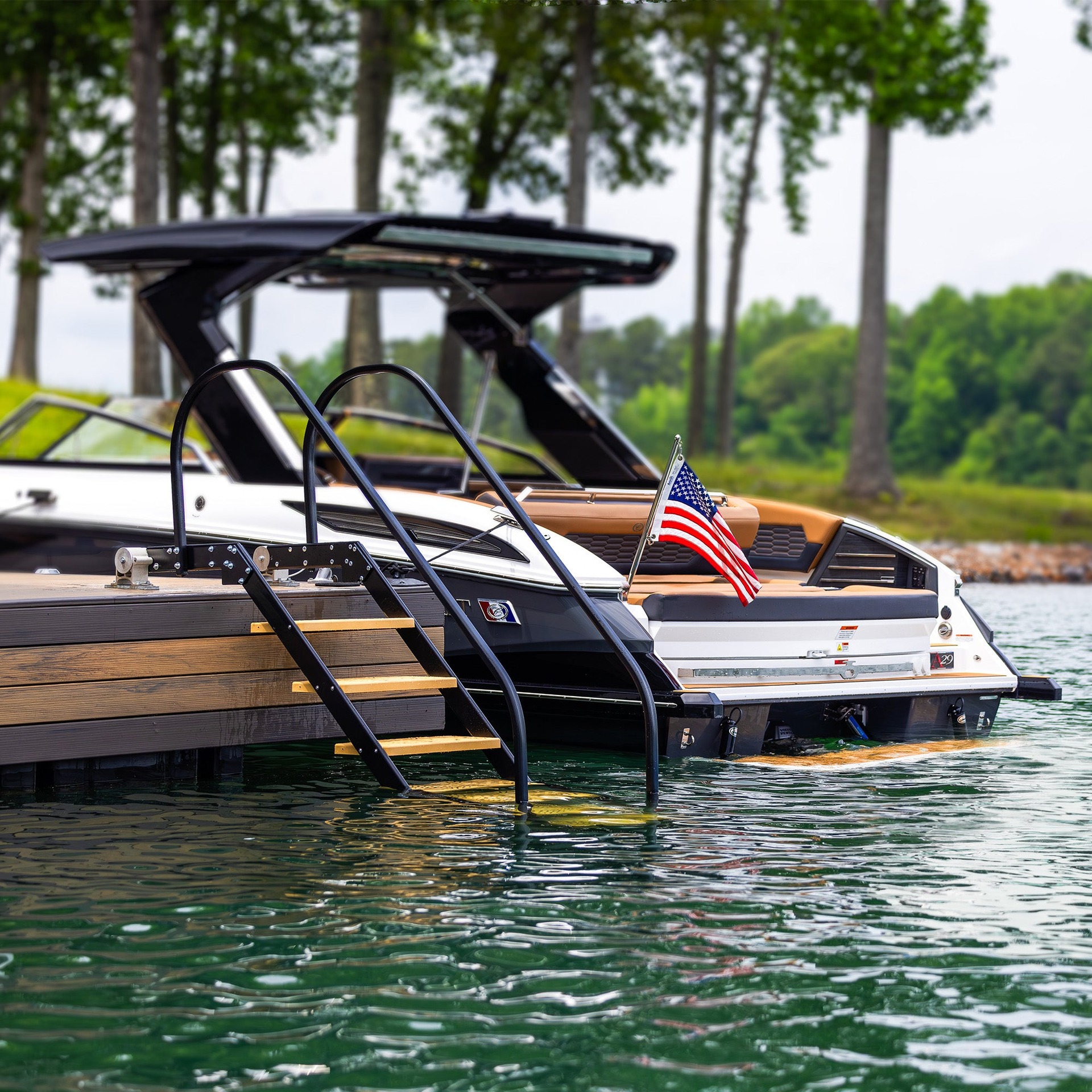 NautiSteps dock ladder deployed at a 45-degree angle beside a lake dock