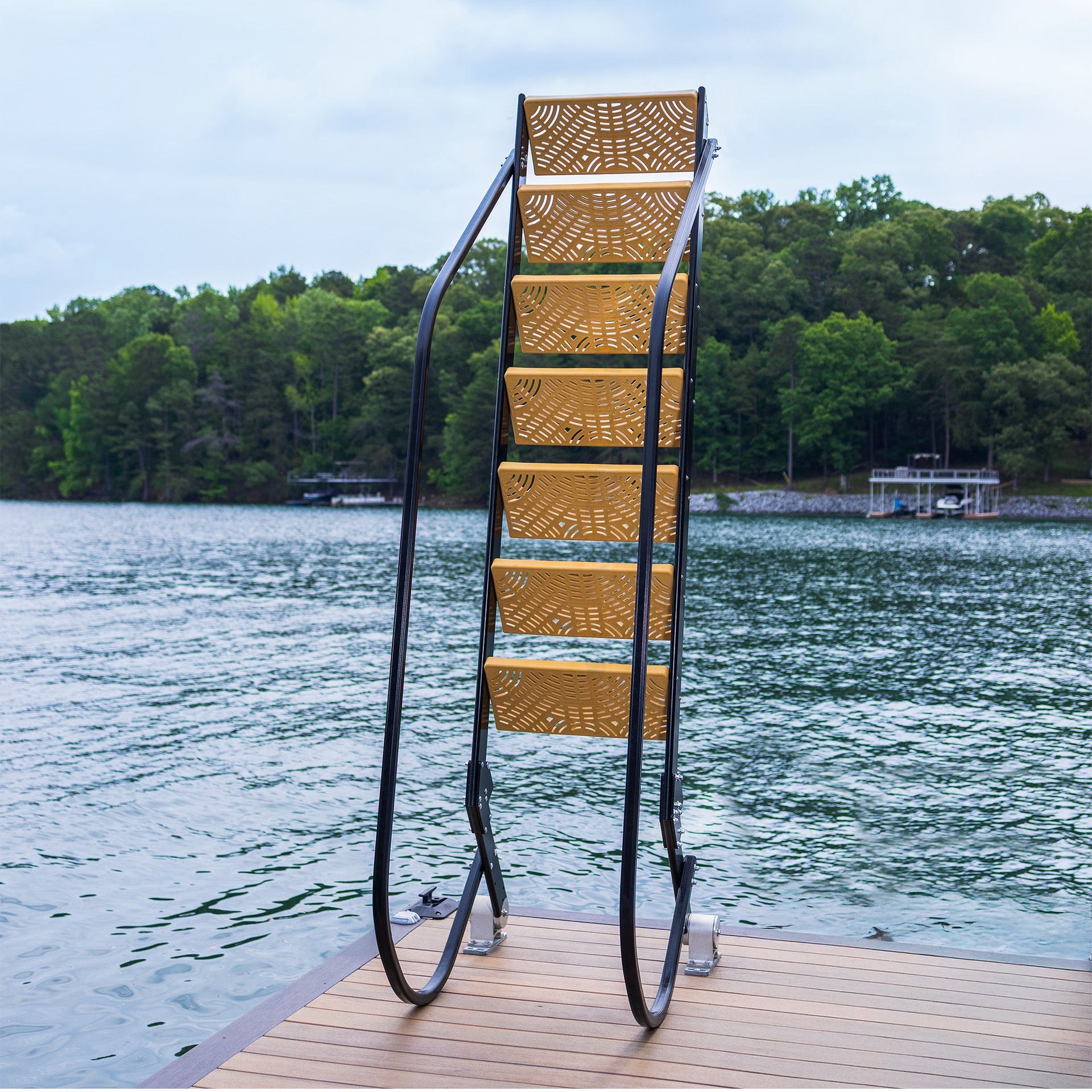 NautiSteps dock ladder raised vertically above the water