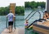 NautiSteps spring-assisted dock ladder being raised beside a family swimming at a lake dock
