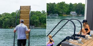 NautiSteps spring-assisted dock ladder being raised beside a family swimming at a lake dock