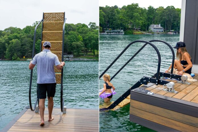 NautiSteps spring-assisted dock ladder being raised beside a family swimming at a lake dock