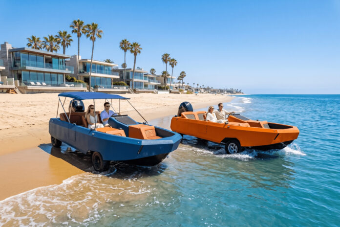 Blue and orange WaterCar EV amphibious vehicles driving out of shallow ocean water onto a beach