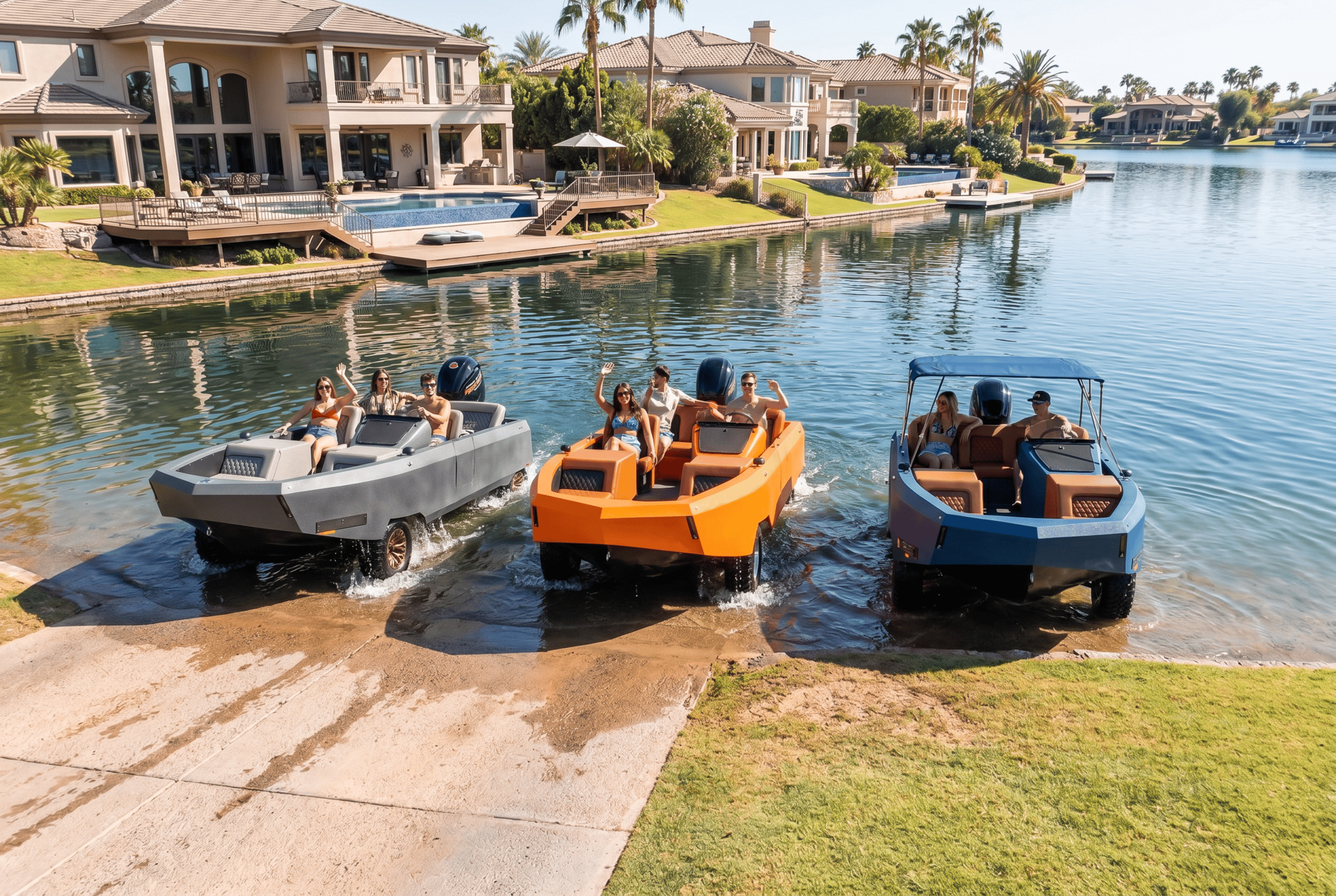 Three WaterCar EV amphibious vehicles entering and leaving the water at a launch ramp