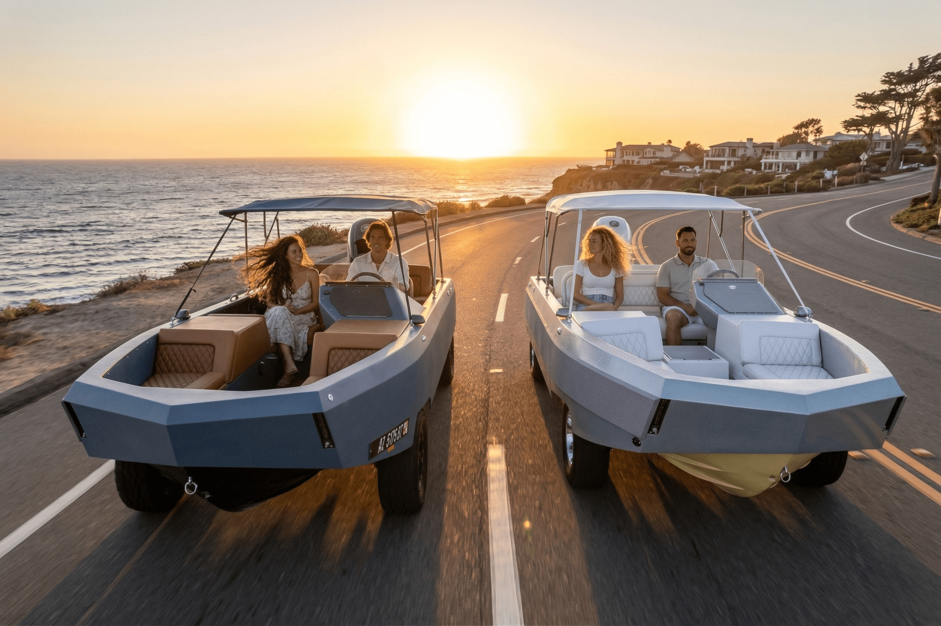 Two WaterCar EV amphibious vehicles driving together on a coastal road