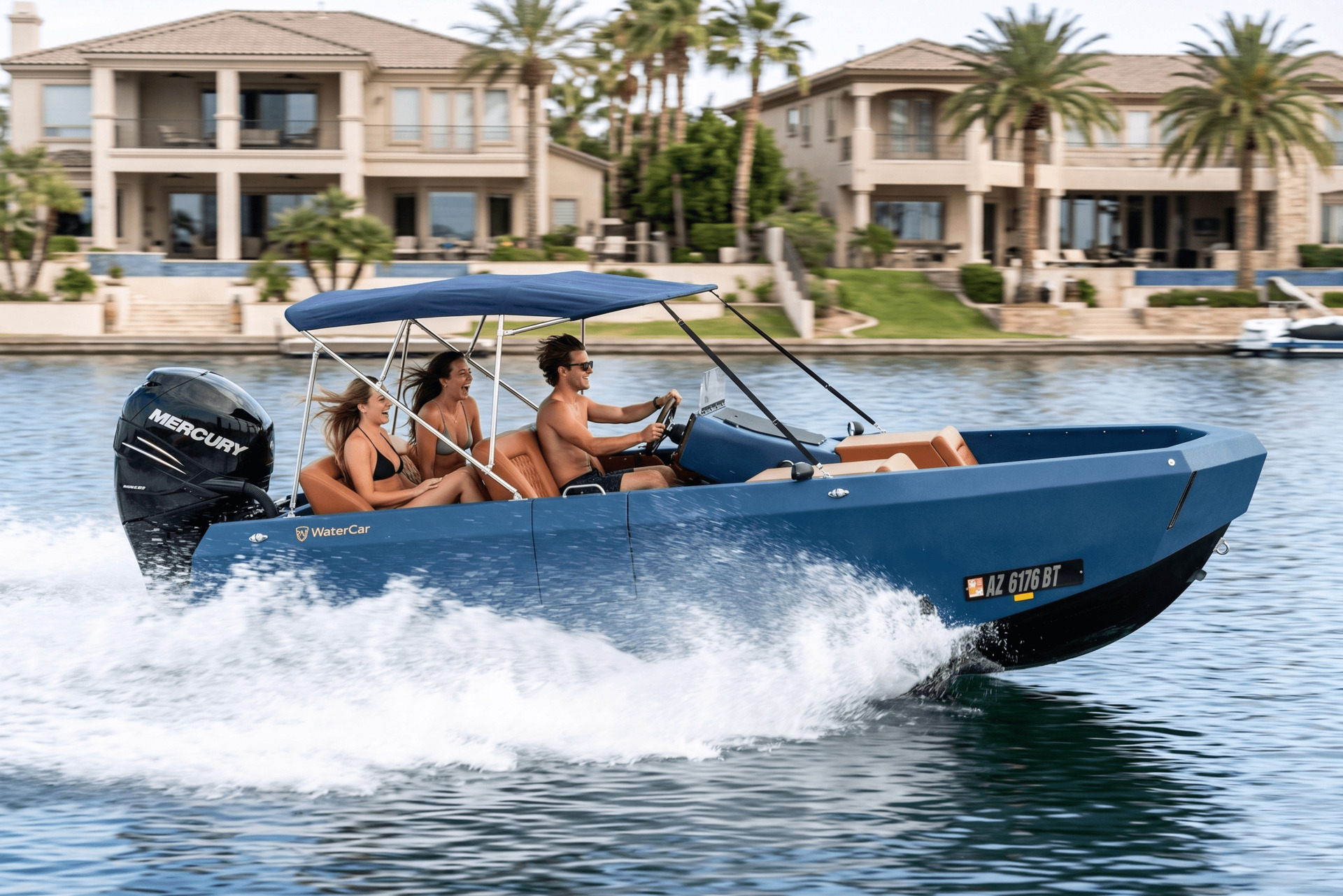Blue WaterCar EV amphibious powerboat traveling at speed on a calm waterway