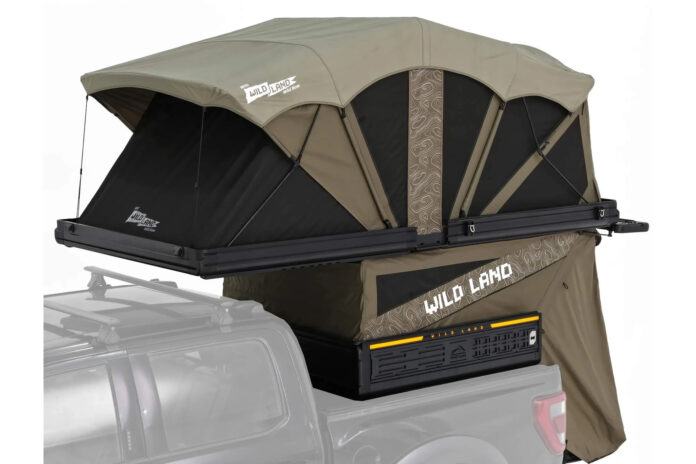 Wild Land PickupMate Trunk fully expanded above a pickup bed as a two-story camping shelter