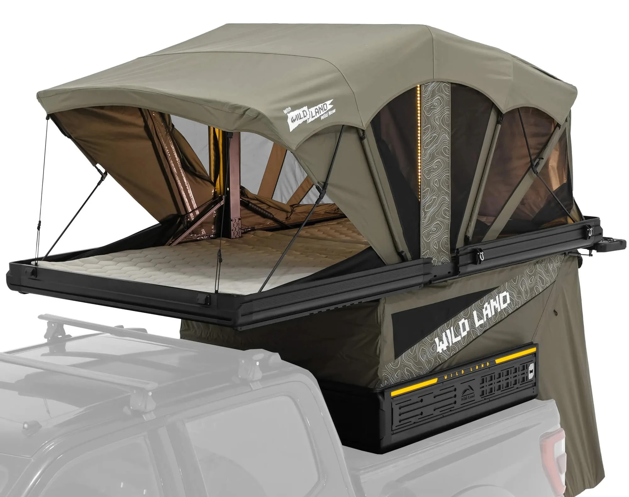 Wild Land PickupMate Trunk with its front fabric opened to reveal the mattress and viewing deck